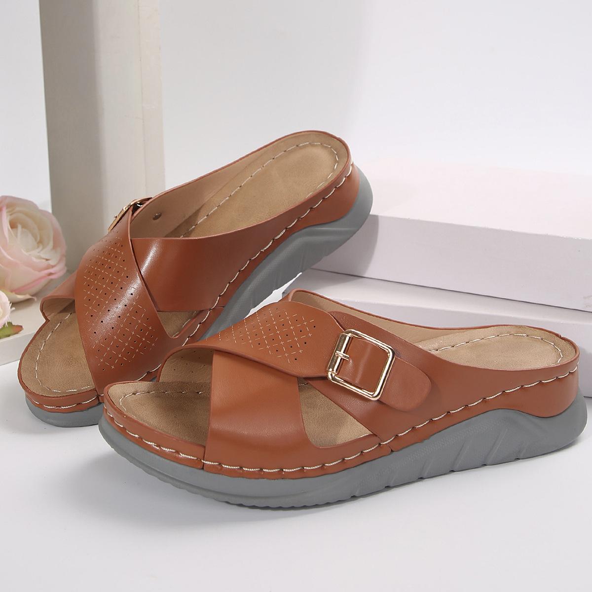 

2024 summer new wedge heel sandals cross strap beach sandals women s large size women s shoes 43 світло-коричневого кольору