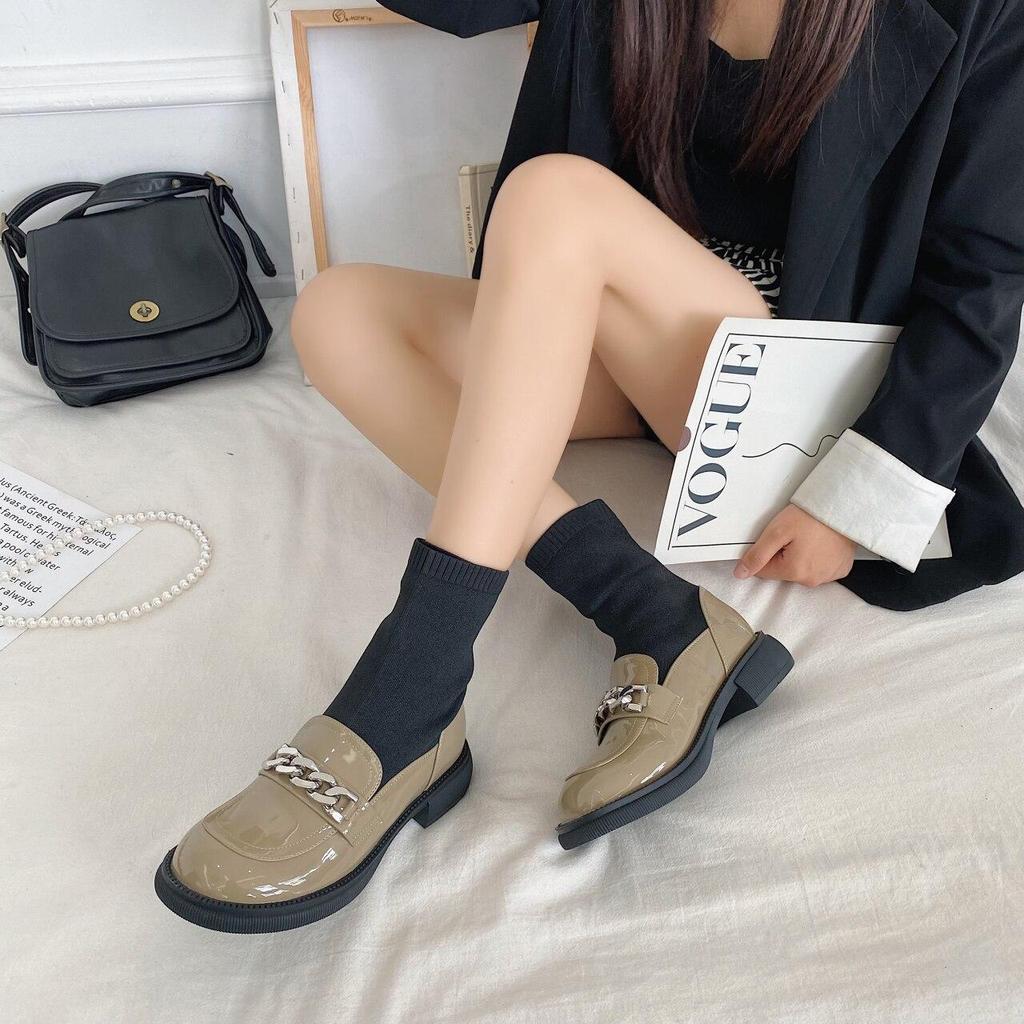 Oxford Shoes for Women Slip On Round Toe Mary Jane Shoes Woman Metal Chain Square Heels Leather Shoes Female