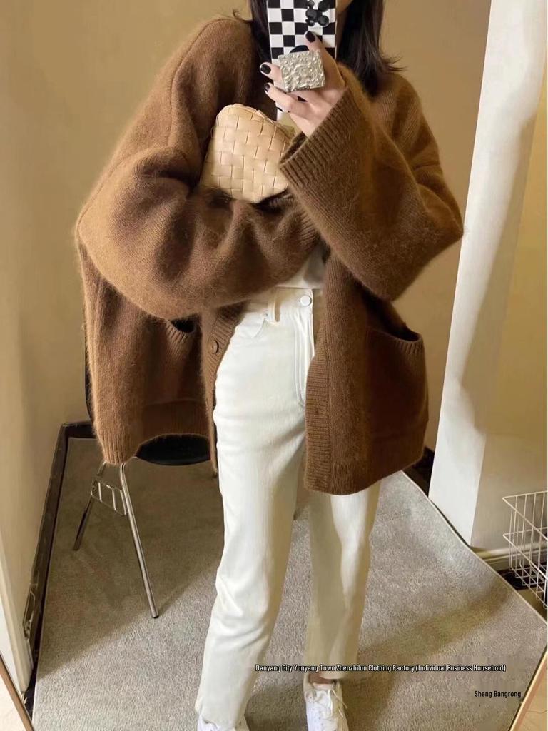Women's Mid-Length Plus Size Wool Cardigan - Versatile Loose Knit Sweater Coat