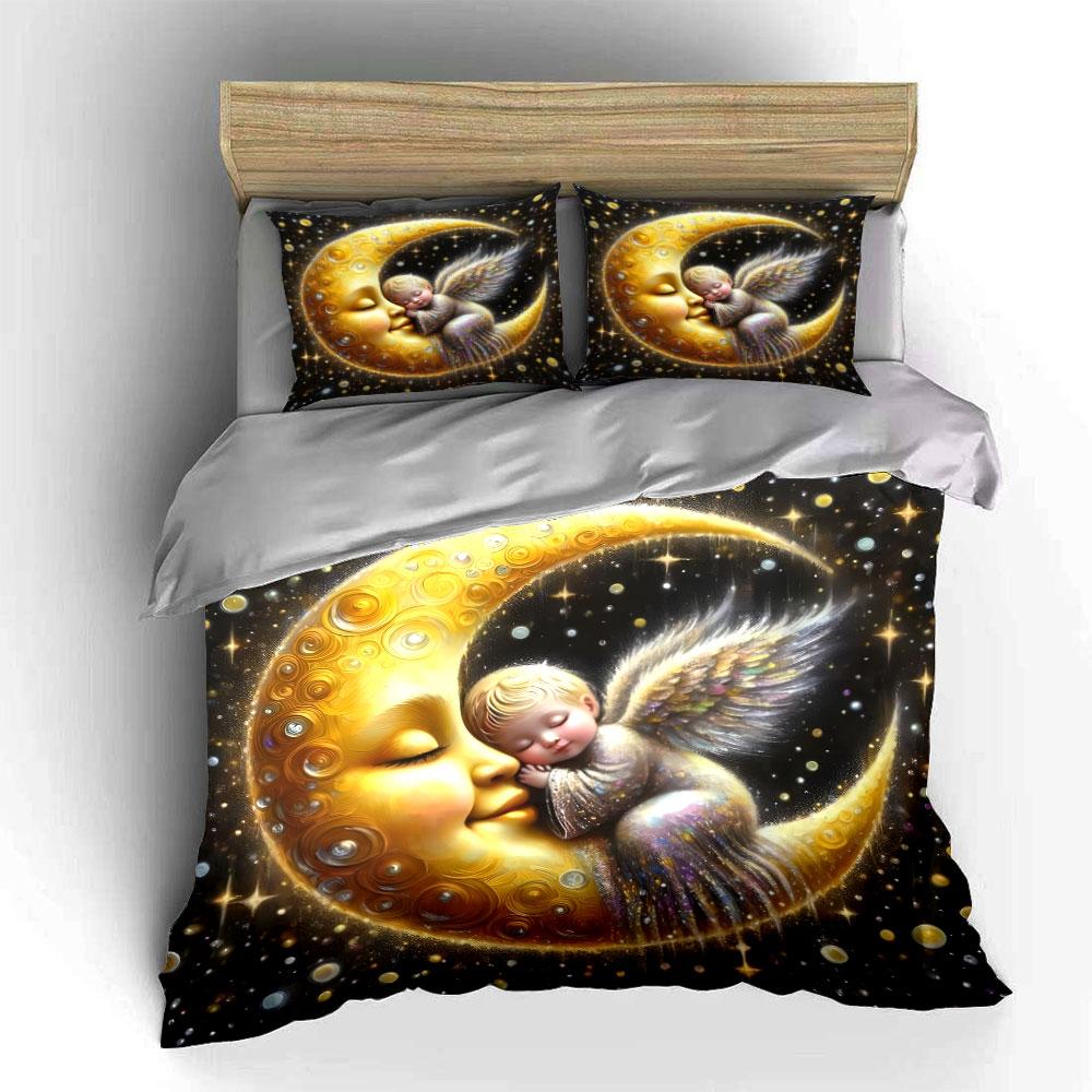 Angel Embracing Golden Crescent Printed Duvet Cover Set1 Duvet Cover+2 Pillowcasemulti Size Bedroom Bedding Decor Luxury Gifts