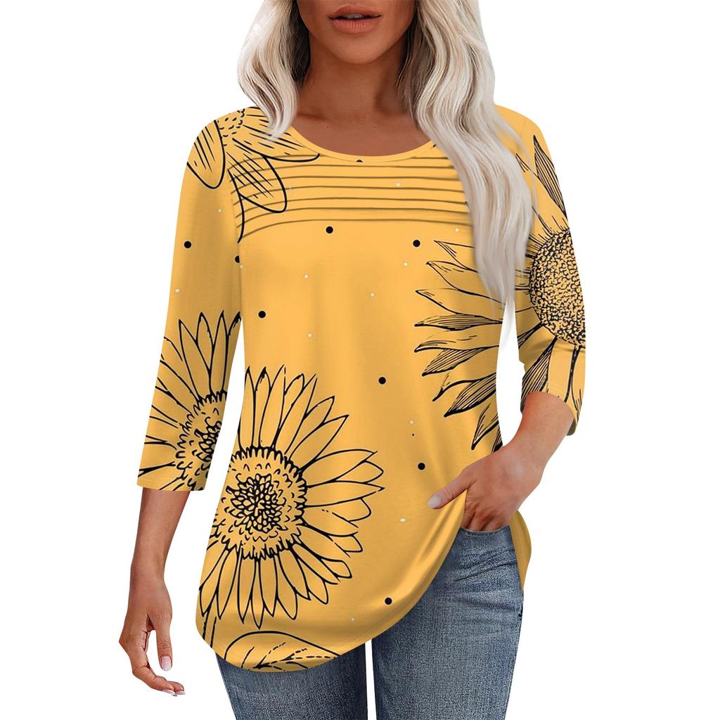 Women's Fashion Round Neck Pleated Front Placket Solid Color 3/4 Sleeve Top