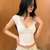 European and American Urban Minimalist Style Lace Patchwork V-Neck Twist Design T-Shirt, Sexy Slim-Fit Elegant Knitted Short Top