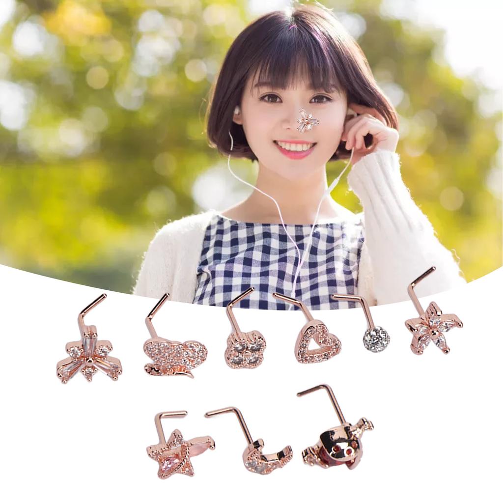 9pcs L Shaped Nose Studs Women Fashionable Stainless Steel Zirconia Nose Studs Jewelry Accessory