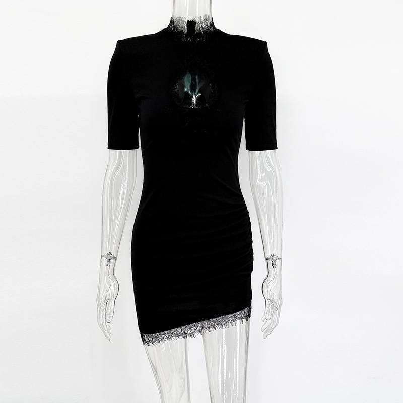 

Elegant Black Lace Summer Dress Women Sexy Hollow Out Bodycon Mini Dress Party High Waist Club Slim Short Sleeve Dress S чёрный