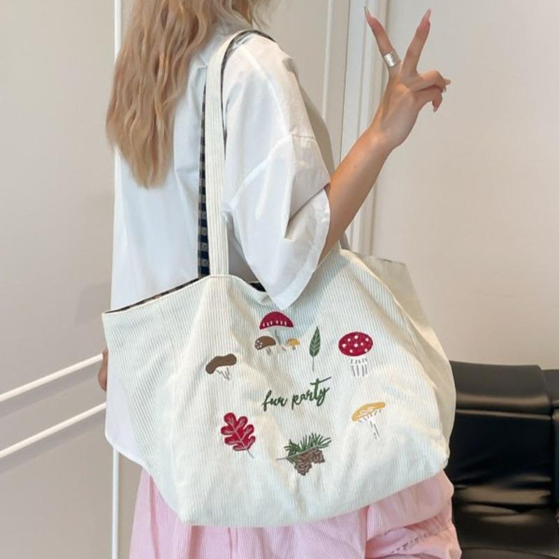 Mushroom Embroidered Shoulder Messenger Bag Corduroy Plaid Double-sided Bag Autumn and Winter New Retro Student Class Bag
