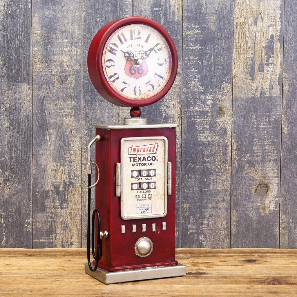 Akizuki Boeki RED TEXACO Table Clock, W13.7 x D7.5 x H35cm, Gas Pump Included, EA180150GAK-RD