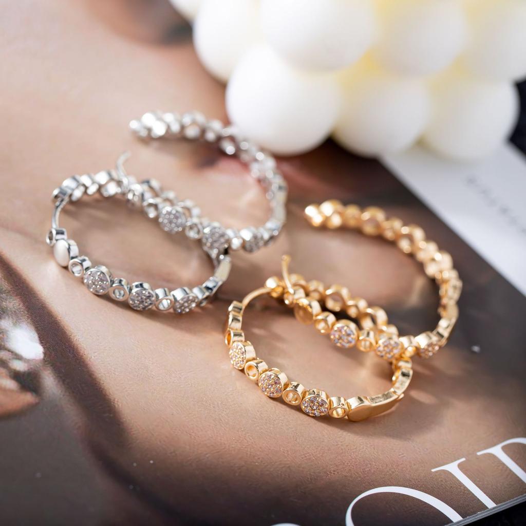 Dainty Female White Round Zircon Stone Hoop Earrings Bling Gold Color Wedding  For Women