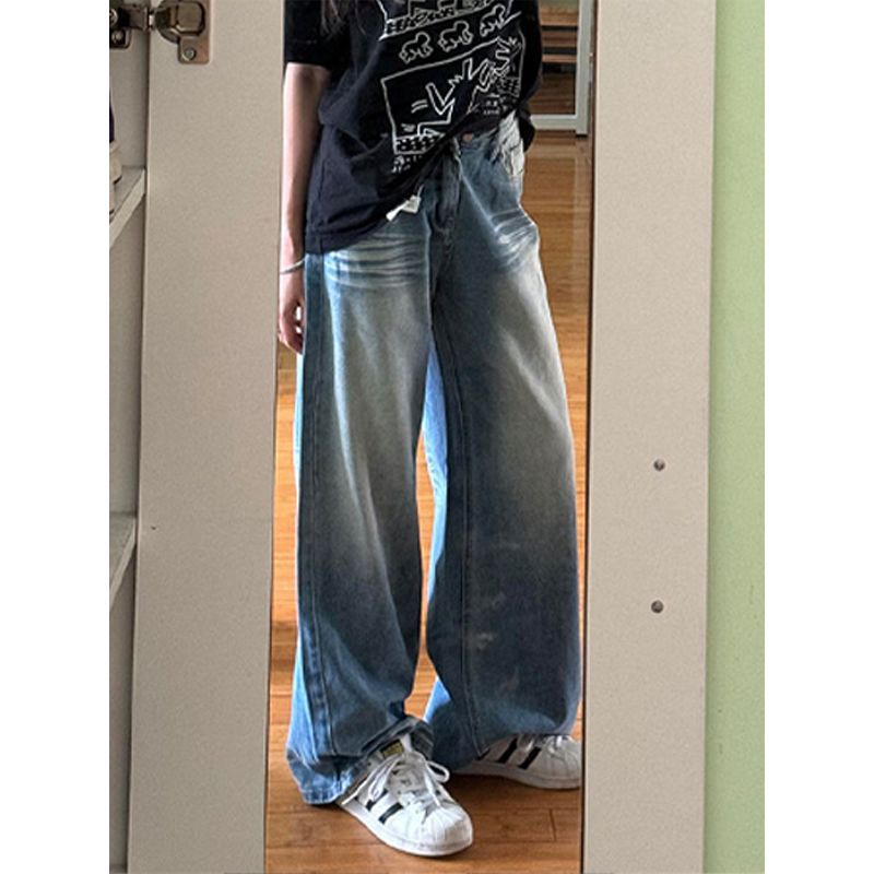 

Small Vibe American High Street Mop Denim Female Sexy Wind Loose Wide Leg Pants Easiest for Match Straight-Leg Trousers Blue small section XL