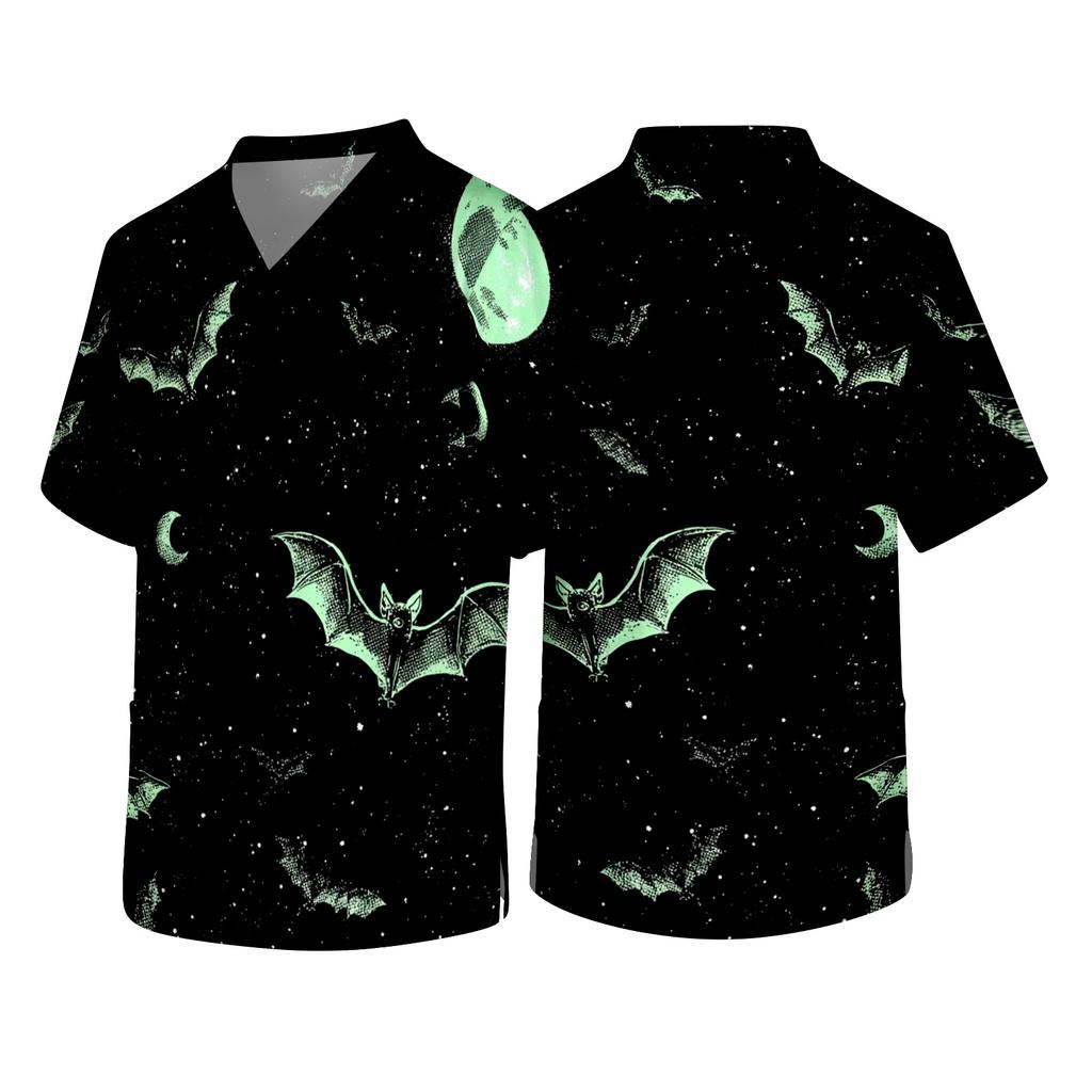 Men V Neck Short Sleeve Halloween Print Top with Chest Pocket for Healthcare Workers Comfortable Fit Scrub Shirt