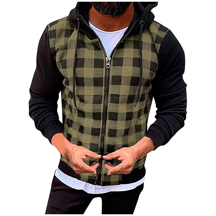 Men s Casual Plaid Zipper Hoodie with Patchwork Cuffs L зелёный