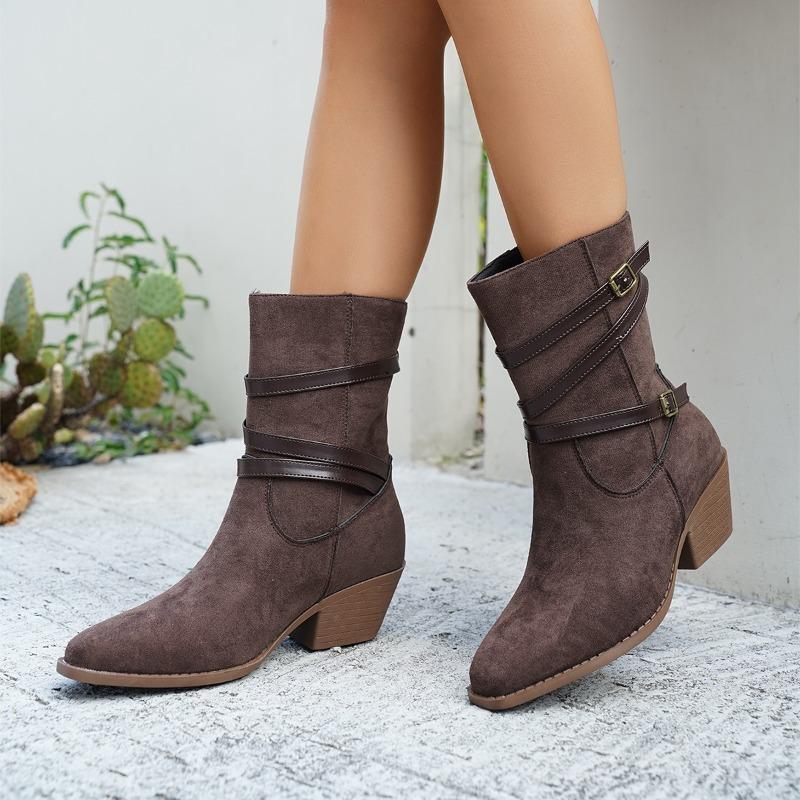 Fashion Sleeve Single Boots Autumn New Pointed Toe Suede Metal Buckle Anti-Slip Wear-Resistant Short Shoes