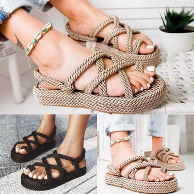 (SU)Bohemian Sandals For Women Flat Linen Rope Platform Female Open Toe Slip-on Shoe