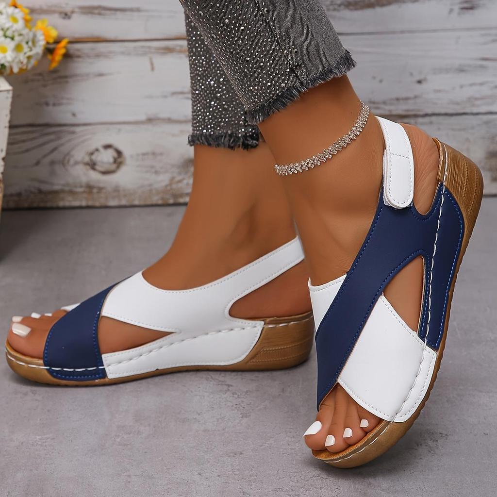 Women's Contrast Color Wedge Sandals, Peep Toe Slingback Soft Sole Shoes, Comfy Outdoor Summer Sandals