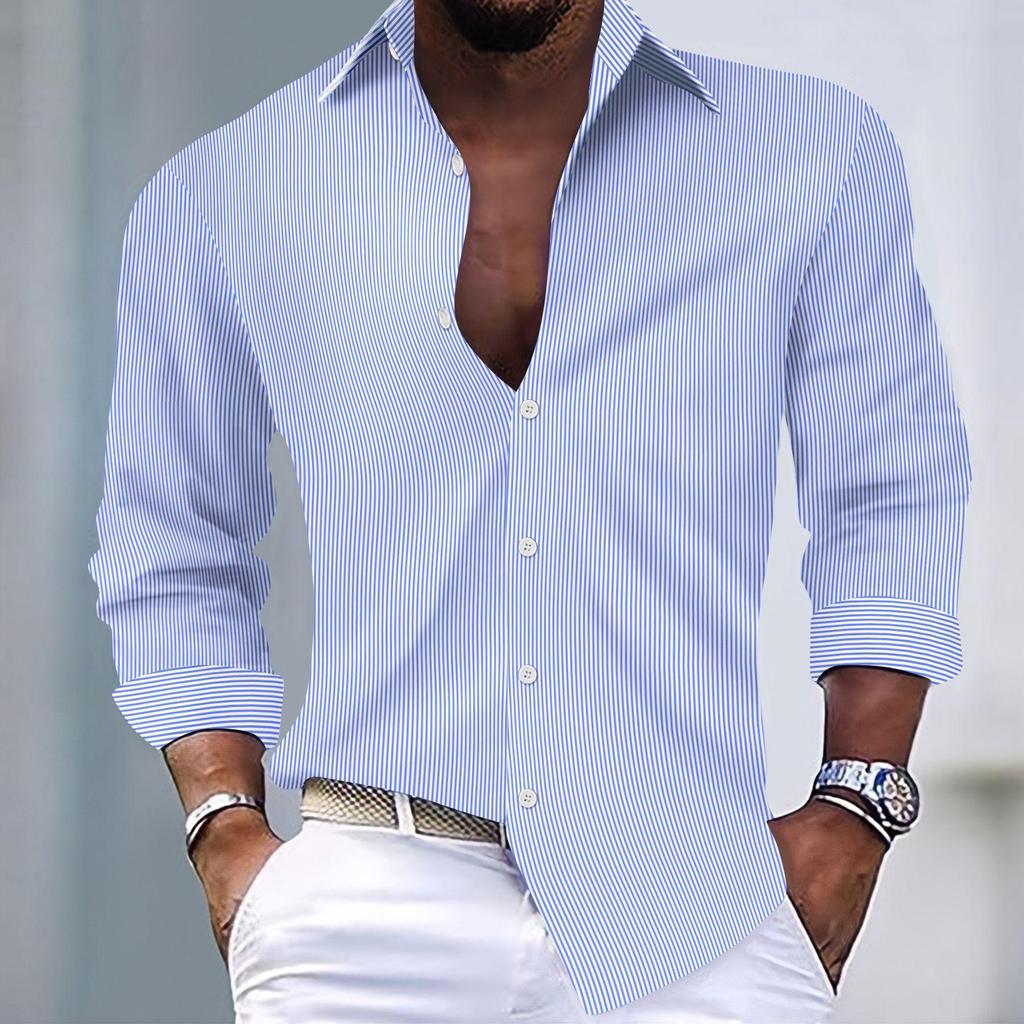 Camicia casual da uomo a righe con revers a maniche lunghe