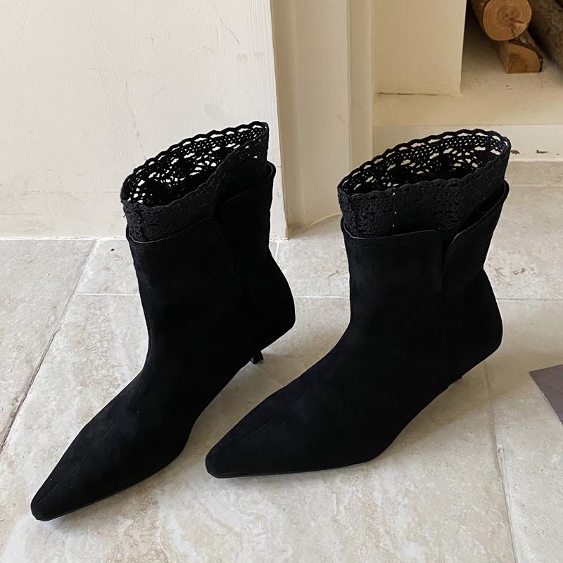 

Новый Дизайн Сетчатые Вставки Остроносые Ботильоны Женские Туфли на Тонком Низком Каблуке Мода Банкет Вечеринка Короткие Боты Женские 35