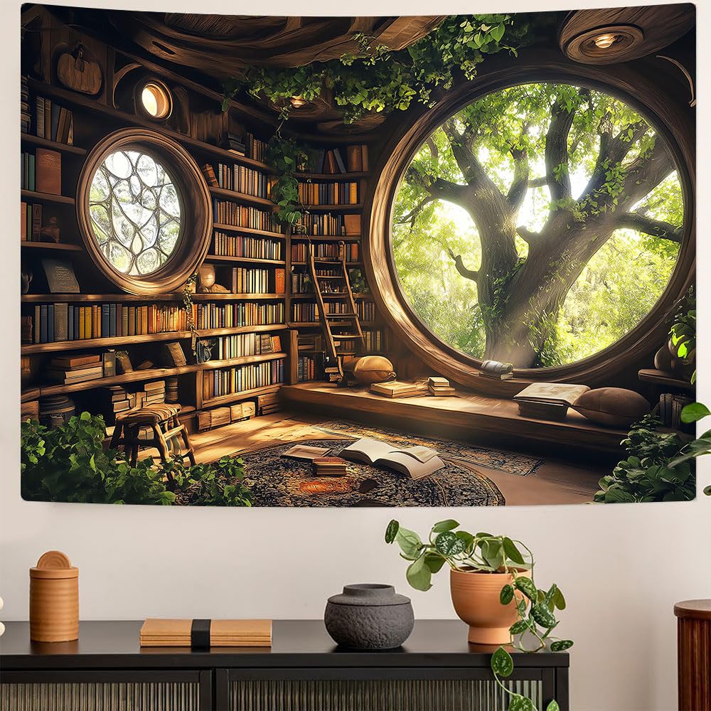 Window Tapestry Forest Window Tapestry Library Tapestries Tree Bookshelf Wall Blanket For For Bedroom Living Room Dorm Decor