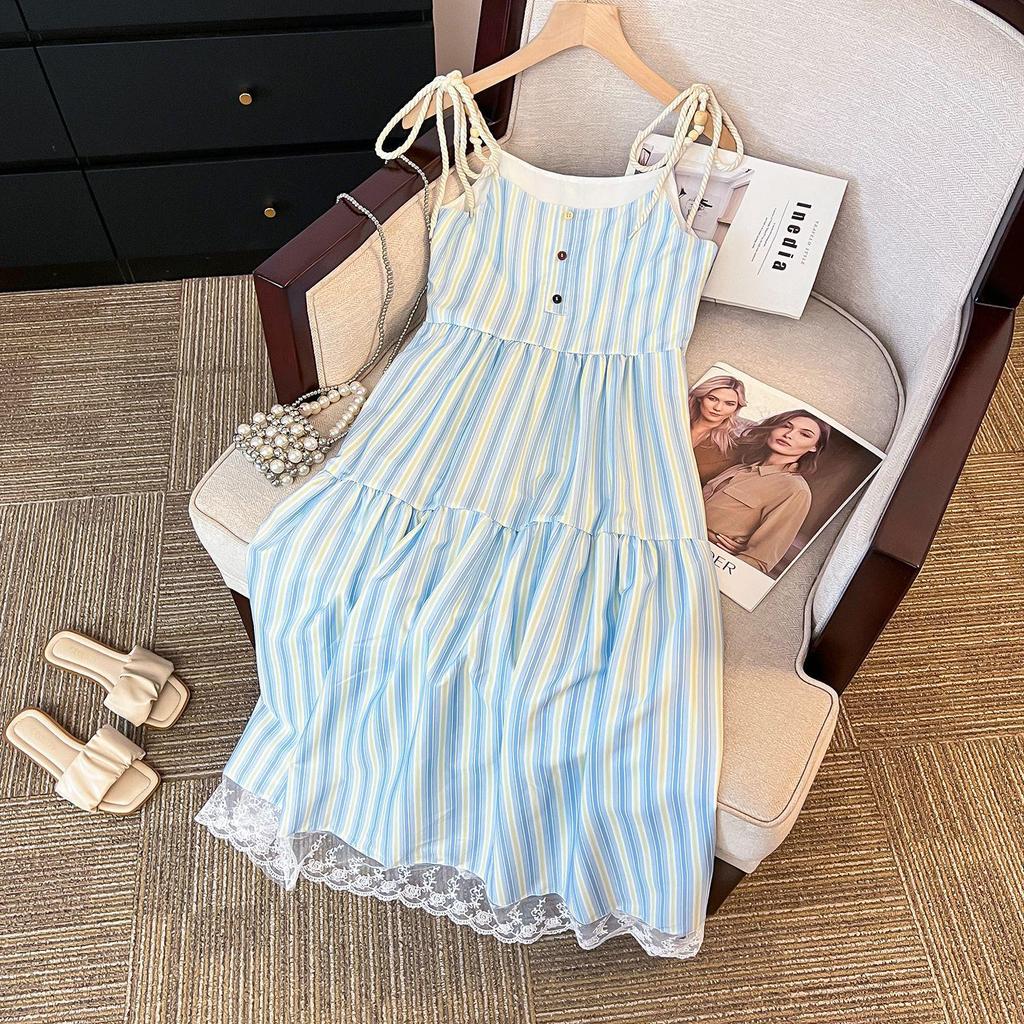 2025 Women's Summer Seaside Striped Spaghetti Strap Long Dress - French Style