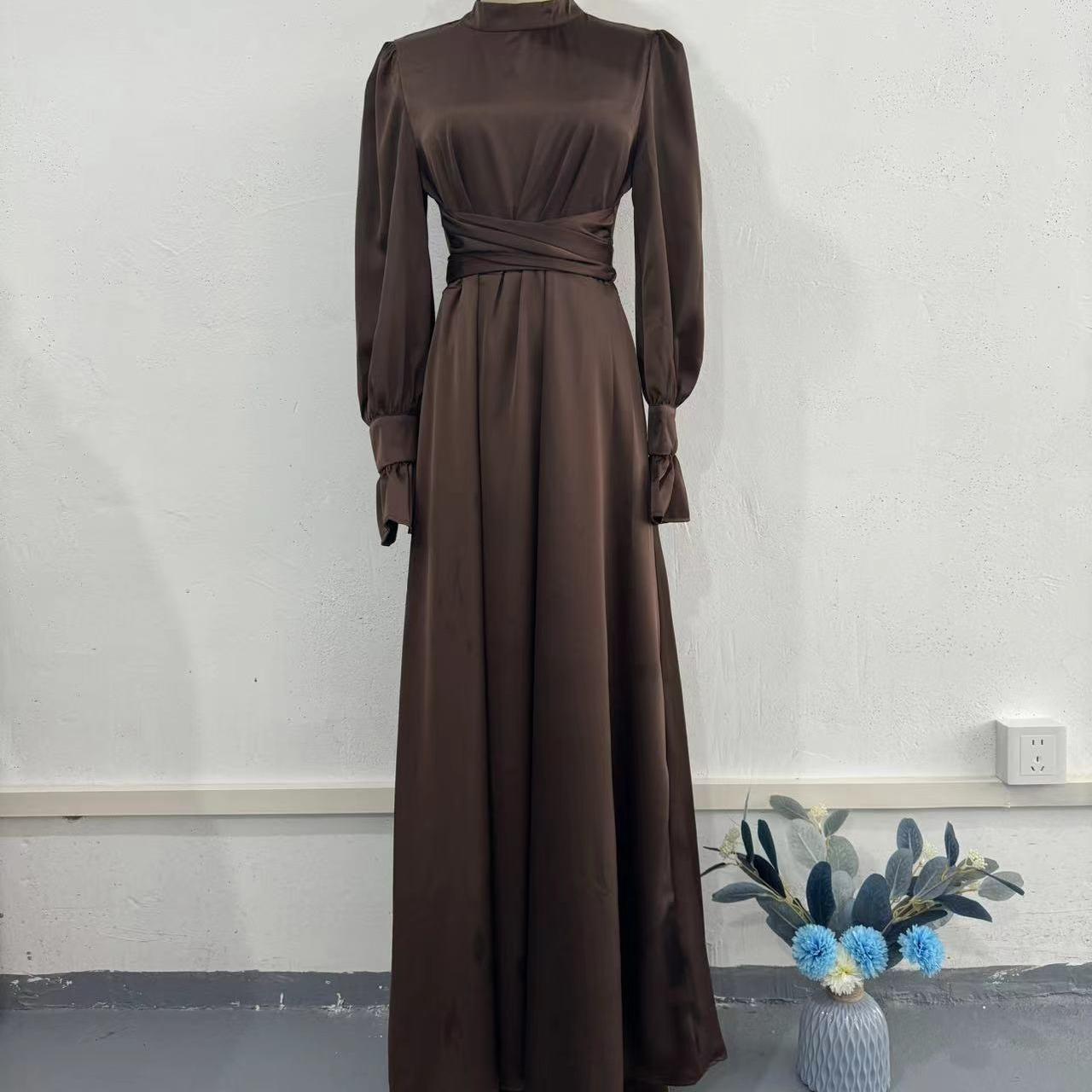 

GMXIA Осеннее сплошное цветное платье феи с длинными рукавами и поясом с пышными рукавами L темно-коричневого