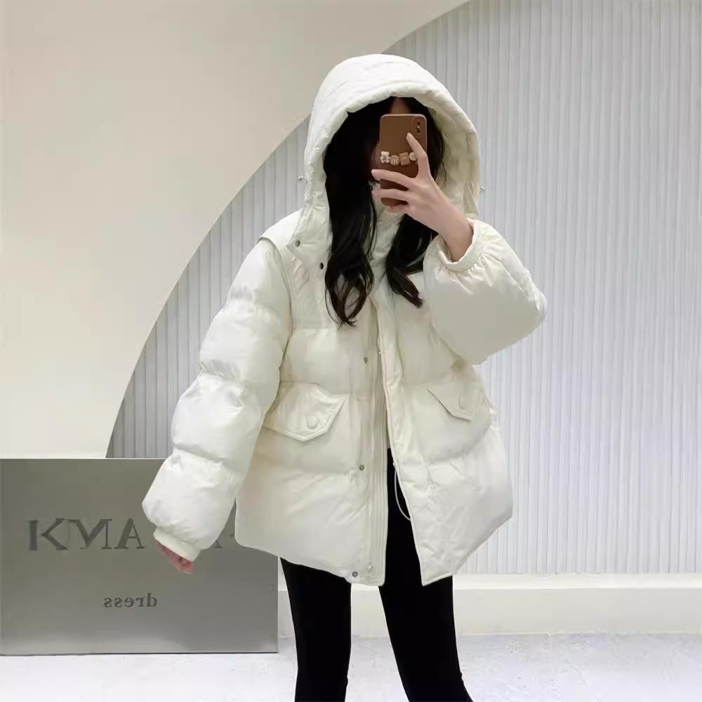 New counter high-end winter clothing hooded waist down jacket women's medium and long casual loose thickened white duck down