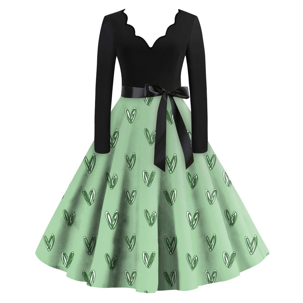 Women's Casual Fashion V-neck Long Sleeved Retro Love Print Retro Dress