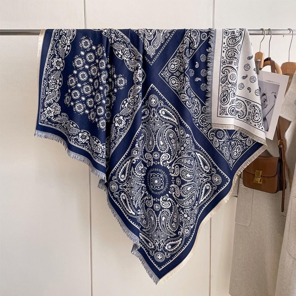 Retro Imitation Cashmere Winter Scarf Warmth Square Printed Shawl and Wrap Soft Double-sided Tassel Poncho