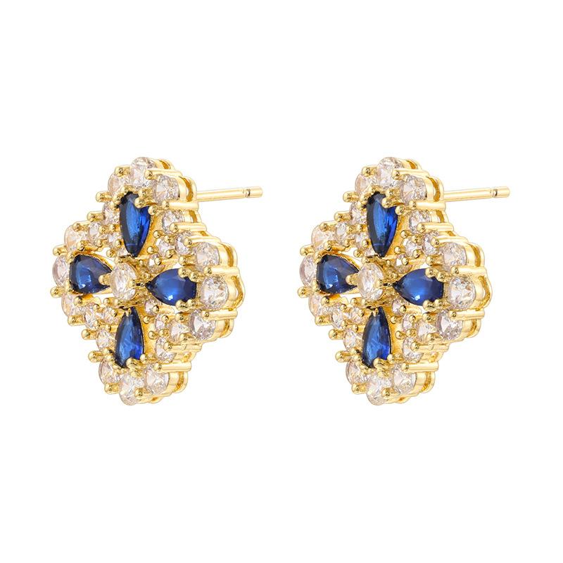 Light Luxury Copper Inlaid With Colored Diamonds, Four-Leaf Clover Earrings, Women'S High-End Flower Petal Earrings Ve1625
