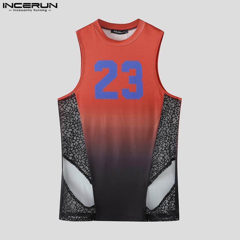 INCERUN Men Sleeveless Gradient Tops Lace Shorts Fitted Outfit Pajamas Underwear Sets