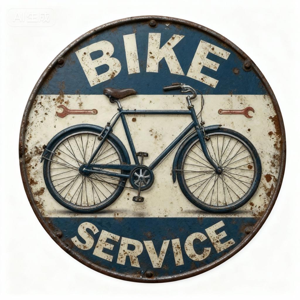 D Flat BIKE SERVICE Round Metal Tin Sign Retro Vintage Bicycle Themed Wall Decor Rustic Cycling Art for Garage Man Cave