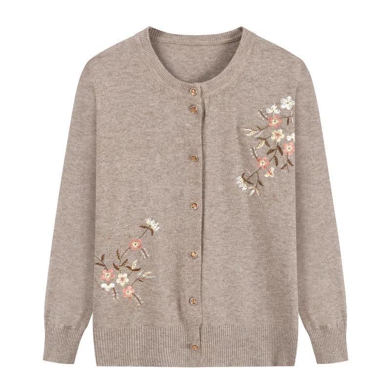 Grandma's Spring Autumn Flower Printing Knitwears Middle-Aged Mother Cardigan Embroidered Knitting Top for Women