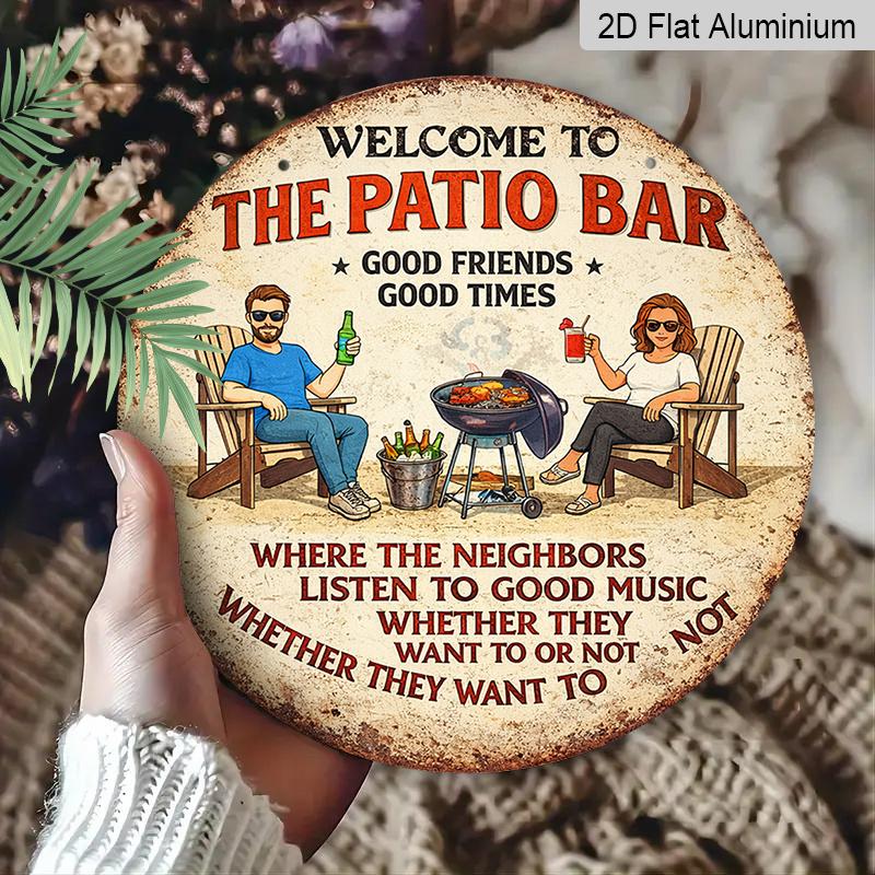 2D Flat, 1pc Round Aluminum Hanging Sign, "Welcome To The Patio Bar" Retro Metal Wall Plaque, Vintage BBQ & Friends Drinking Design, Ideal for