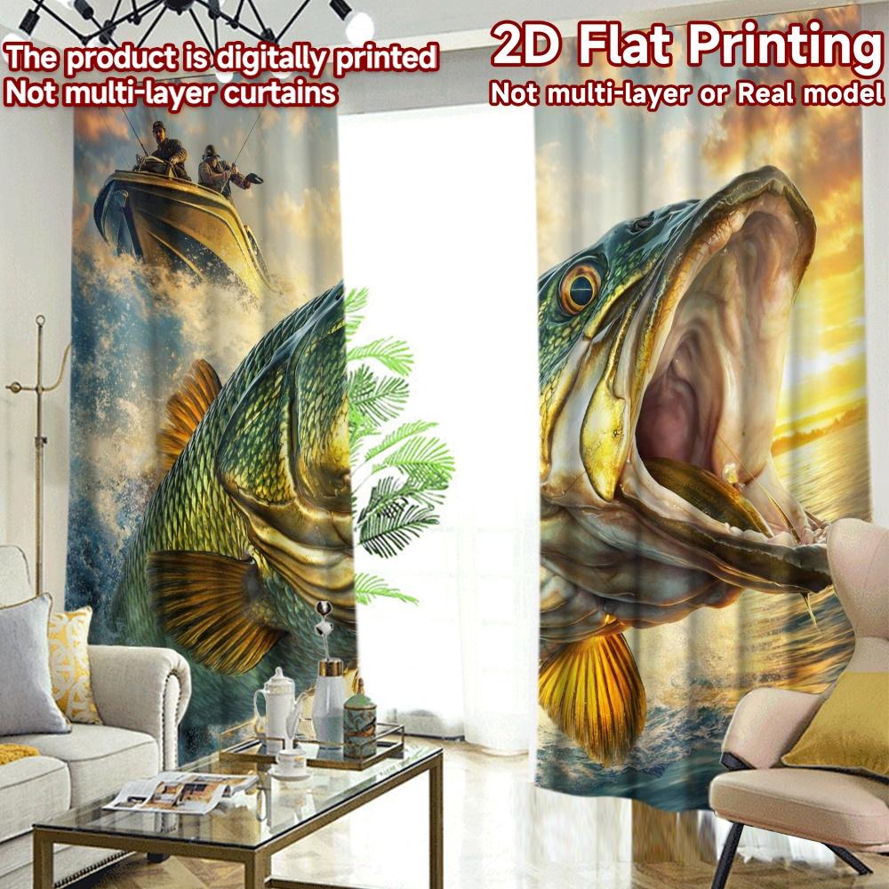 2D FLAT PRINTING 2pcs Curtains (Without Rod) Giant Fish Jumping Light Filtering Popular Curtains Yarn Curtains Room Decor