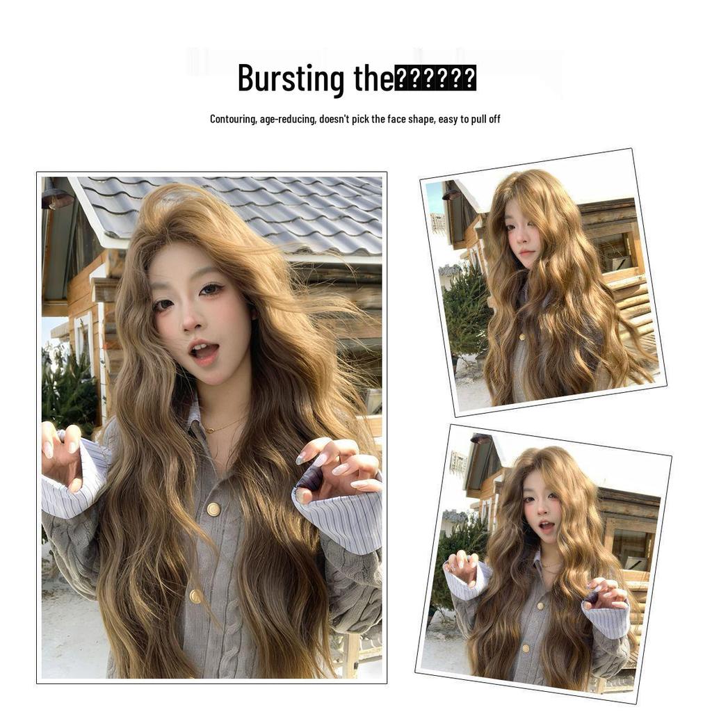 Natural Anti-Shedding Water Wave Long Curly Wig for Women, Linen Brown, Korean Style, Atmospheric Full Wig Cap