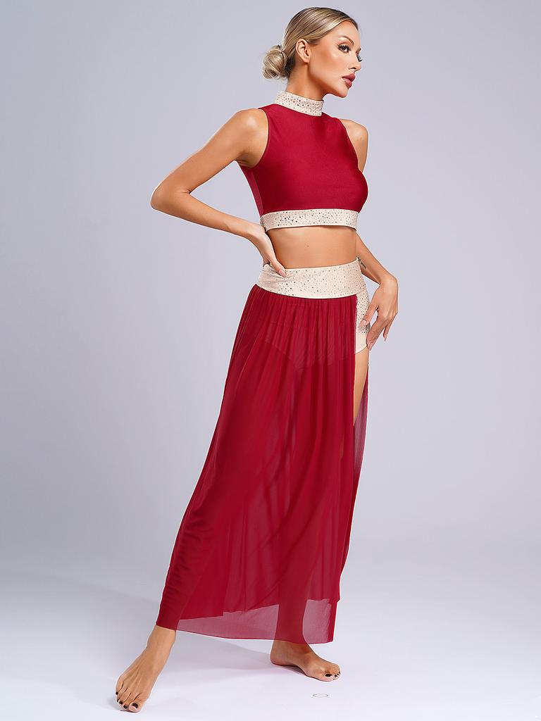 Women 2pcs Cutout Dancewear Ballroom Modern Lyrical Dance Skating Stage Performance Long Dress Side Split Skirt Maxi Dresses