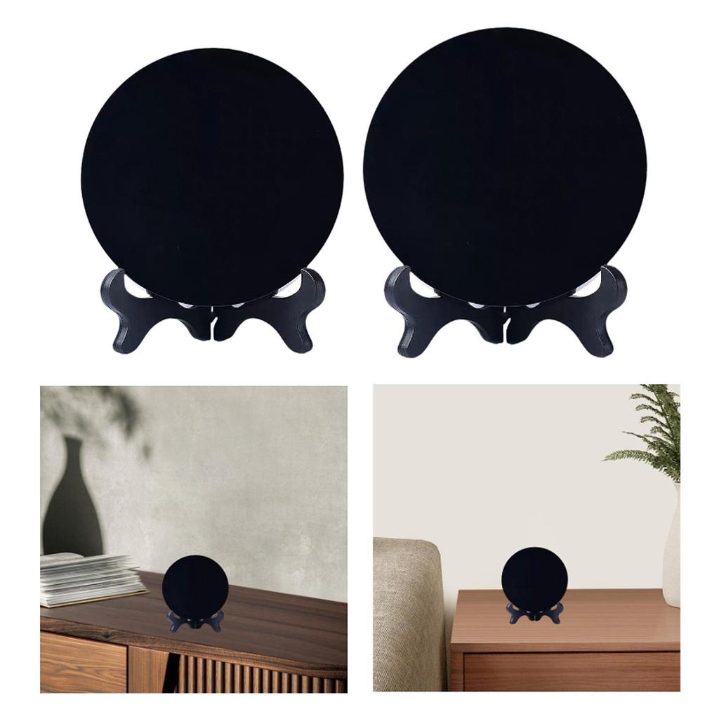 Obsidian Black Mirror Round Plate Polished Disc Home Office Decoration with Stand for Desktop Crafts