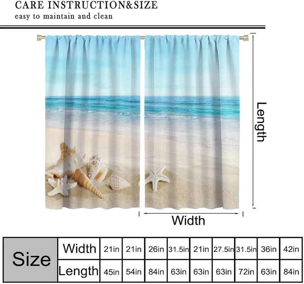 Ocean Curtains Hot Summer Beach Seaside Scenery Starfish Shells Nautical Sea Life Print Window Treatments Drapes Curtain Polyester With Rod Pocket