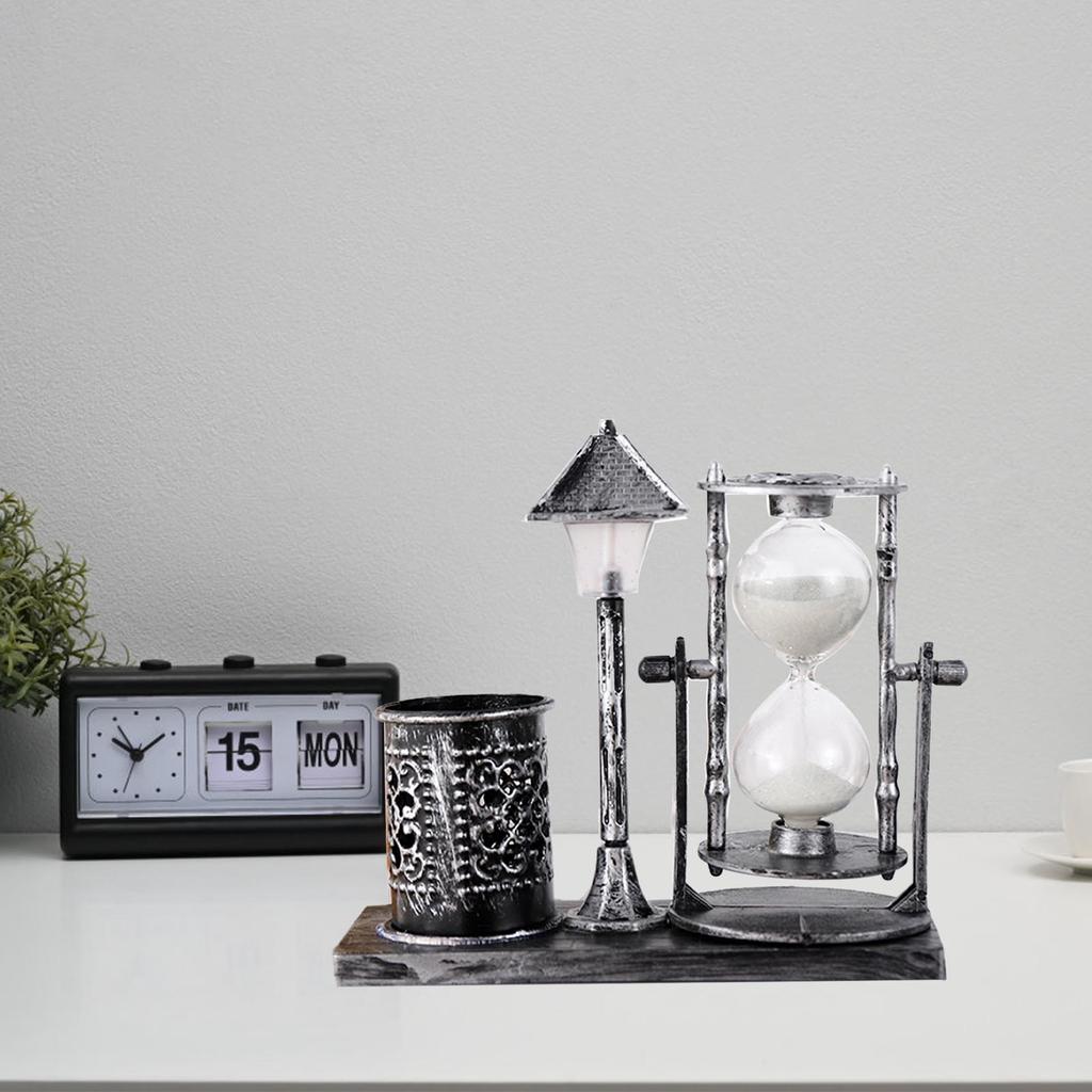 Suport Stilou Vintage Inovator Culoare Albă Clepsidră Luminoasă Lampă Stradală Suport Stilou pentru Birou Argintiu