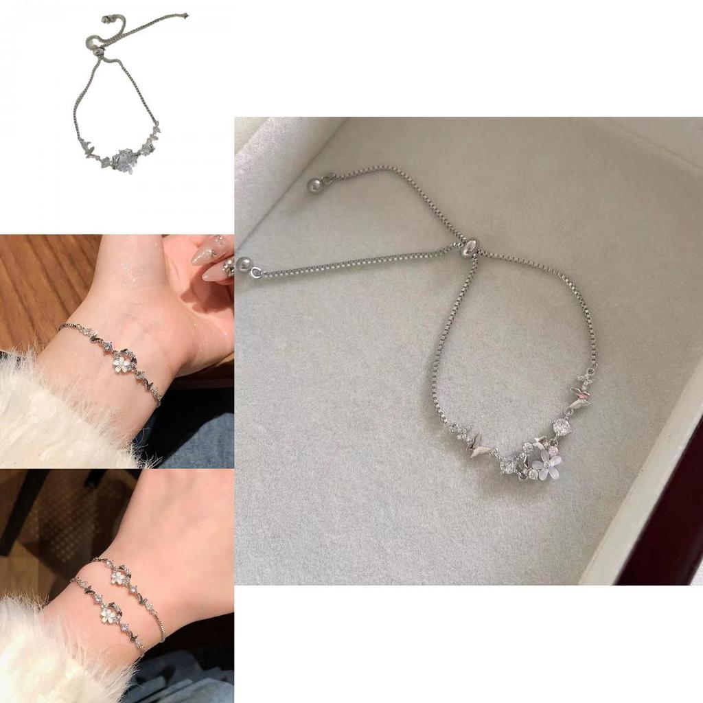 Chic Fashionable Women's Silver Bracelet With Elegant Flower And Butterfly Features