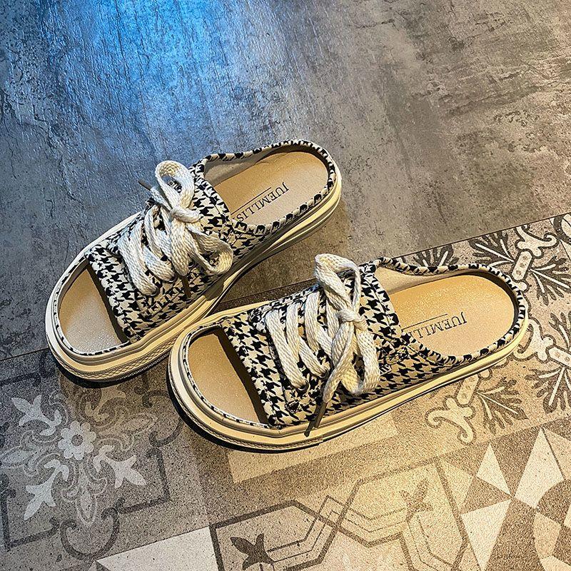 Open Toe Sandals With Strap Woman Slippers Outside Soft Canvas Shoes for Women Thick Slides New Collection Casual Vip Style Shoe