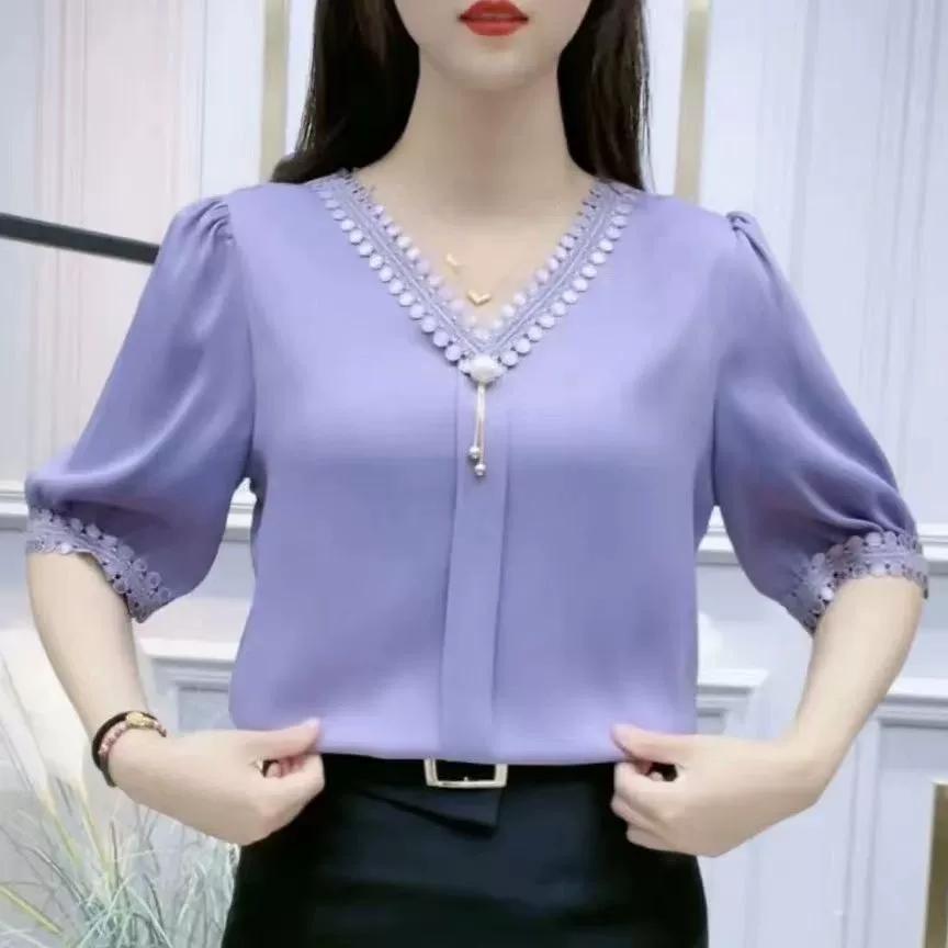 

Женские кружевные шифоновые блузки с V-образным вырезом, летние топы с коротким рукавом, повседневные топы, Blusas Mujer De Moda M