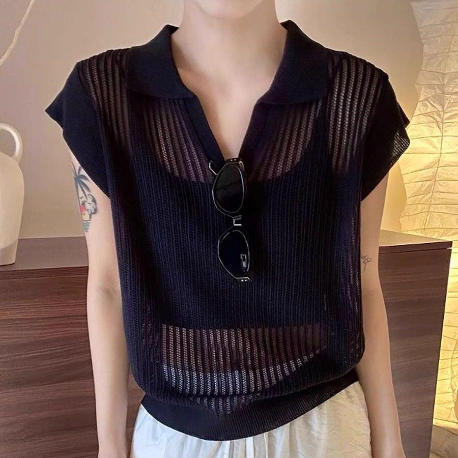 T-shirt à revers à manches courtes et blocs de couleurs tendance pour femmes, été nouveau style, haut tricoté élégant et amincissant