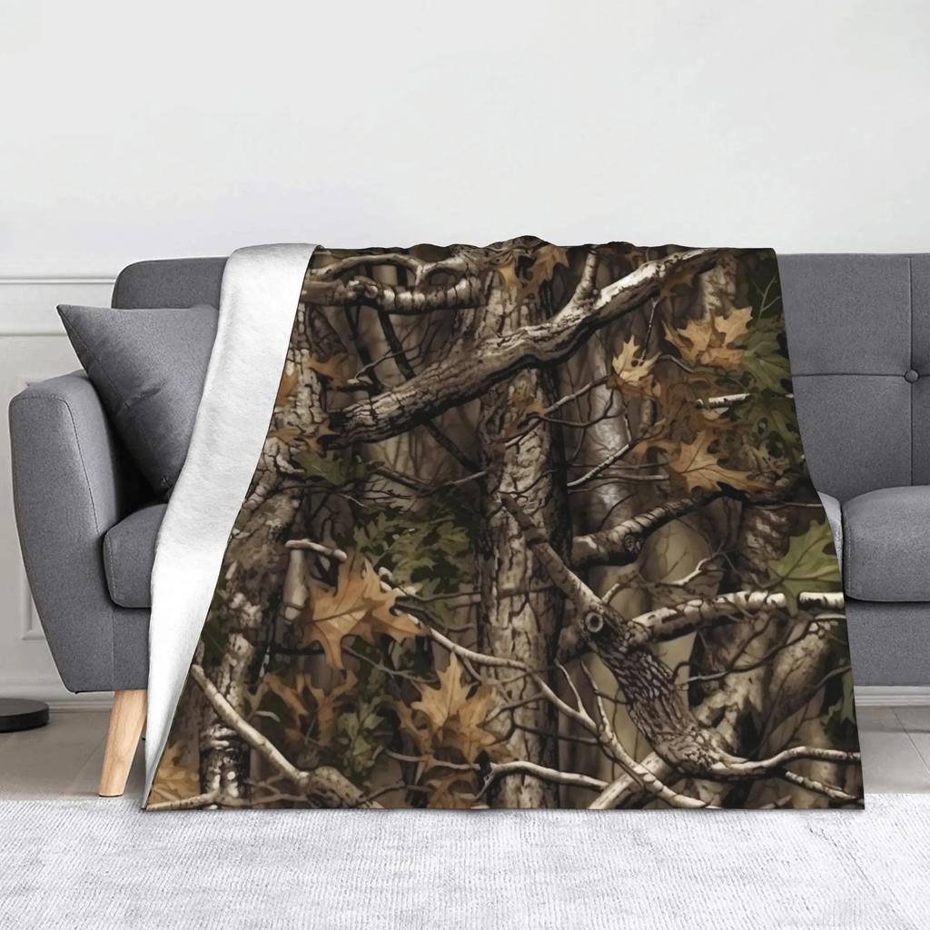 Tree Camouflage Fleece Throw Blankets Hunting Camouflage Pattern Blankets for Bed Travel Soft Plush Thin Quilt