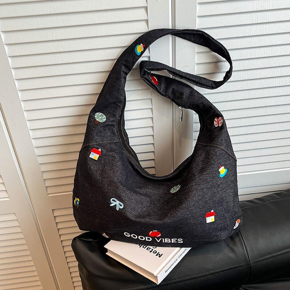 Sweet Women's Denim Shoulder Bag Large Capacity Messenger Bag Cute Embroidered Tote Bag  Outdoor