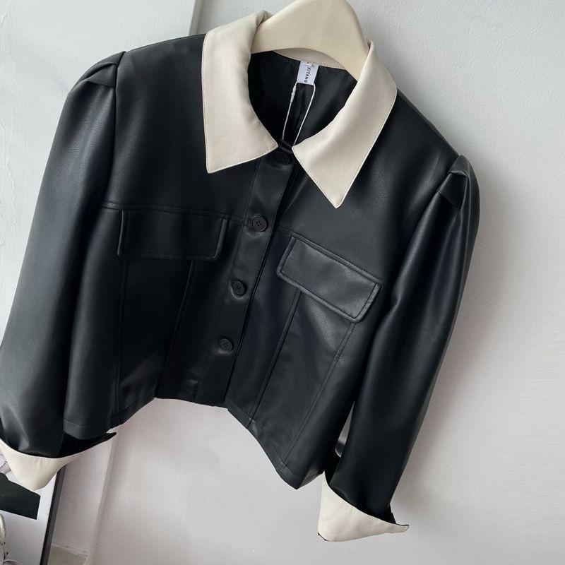 Chic Polo Short Faux Leather Jacket Color Block Vintage Hong Kong Style Fall Outerwear Women