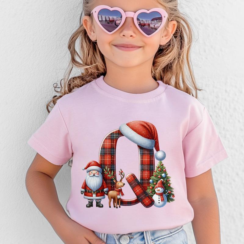 Personalized Kids Christmas T-shirt with A-Z Alphabet Print, Santa Hat Design for Boys & Girls