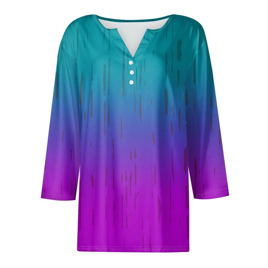 Camiseta de mujer con estampado de botones, manga 3/4, básica, cuello en V, para uso diario, fin de semana, moda