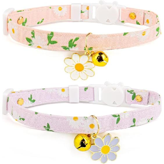 2 Pack Cotton Breakaway Cat Collar with Bell Yellow&Green Flowers Pendant Cute Kitten Cat Collar Suitable for Girls and Boys Pink&Purple