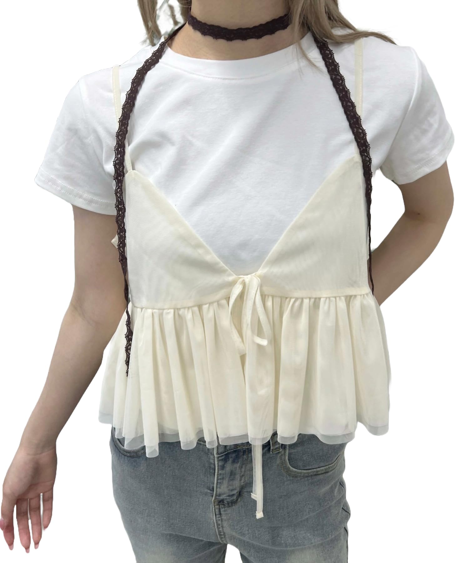 

WEGO PHILLY Front Size White Ivory Camisole, Ribbon, Tulle, Cute, Women s, F,