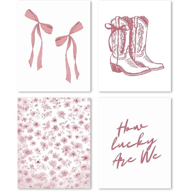 FGFK Blue Western Cowgirl Wall Art Prints Set of 4, Coquette Bow Cowgirl Boots Small Flower How Lucky Are We Posters Pictures Wall Decor for Home Red Western