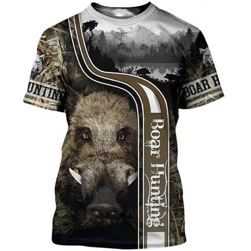 Wild Boar Hunting Themed Jungle Scenery 3D Print Short Sleeve T-Shirt Casual Outdoor Top