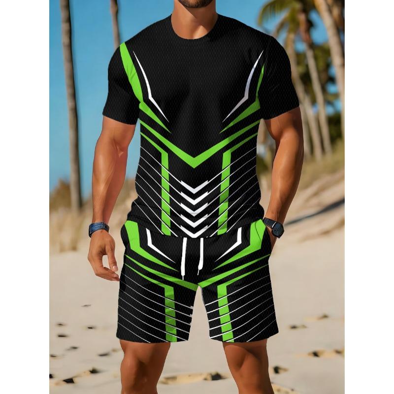 Casual Sports Suit, Breathable Outdoor Leisure Men'S Round Neck T-Shirt And Shorts Set, Summer Digital Print Outfit for Adult Men, Plus Size